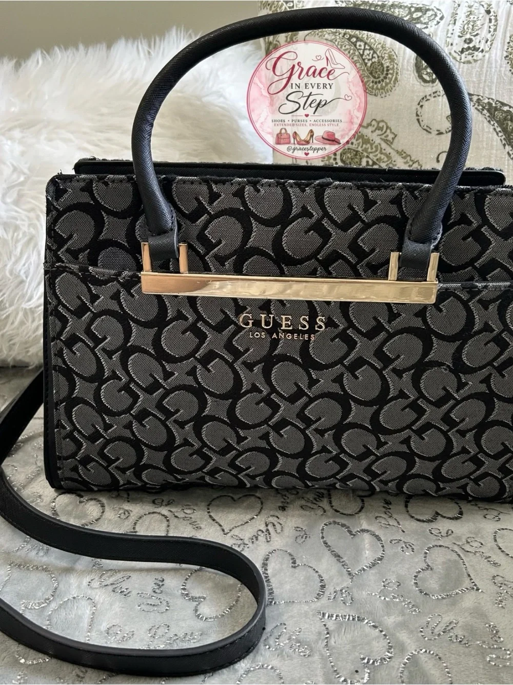 NWT GUESS Black & Gray Medium Logo Marva Jacquard Satchel with Gold Accent